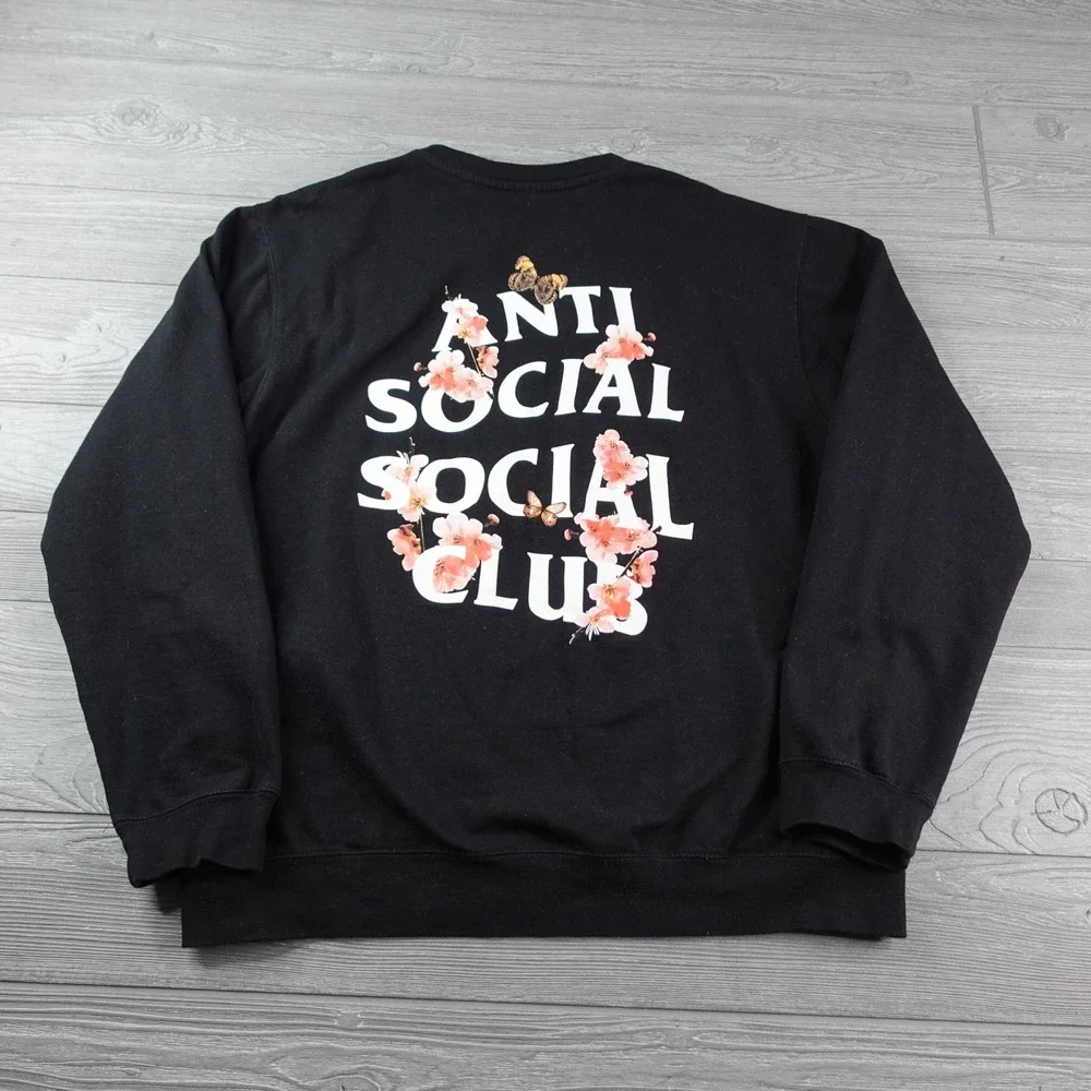 Anti Social Club Sweatshirt Men's Large Black Kkoch Butterfly Blossom ASSC Crew - Picture 5 of 7